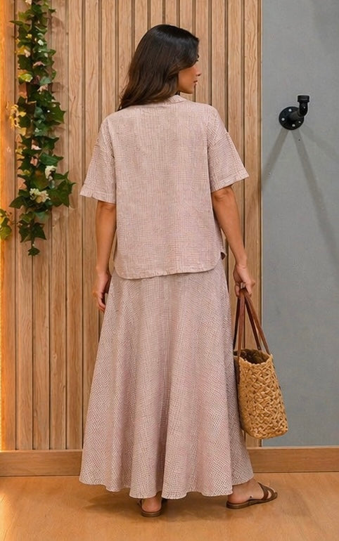 Conjunto Calma – set fluido mujer con falda larga y blusa oversize beige