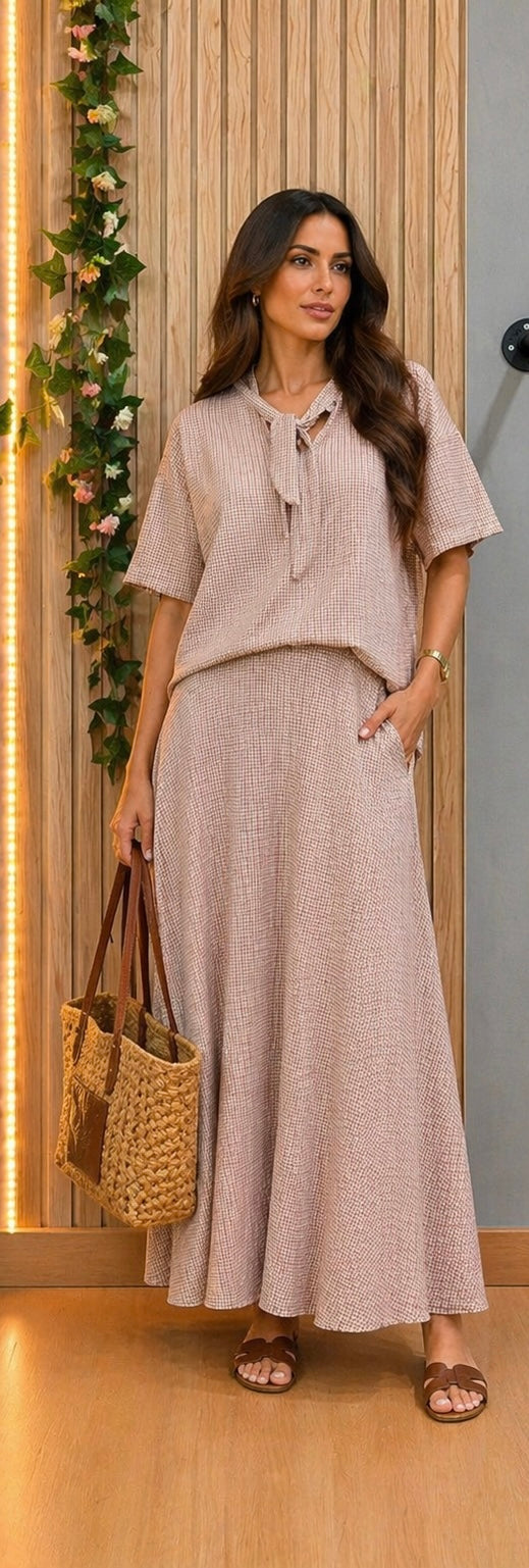 Conjunto Calma – set fluido mujer con falda larga y blusa oversize beige