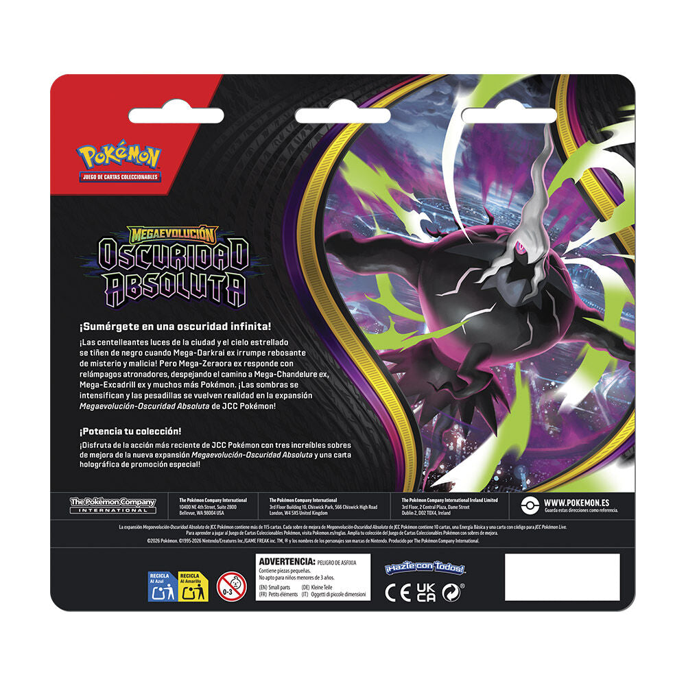 PREPEDIDO -Blister 3 sobres cartas Expansion Megaevolucion Oscuridad Absoluta Pokemon español